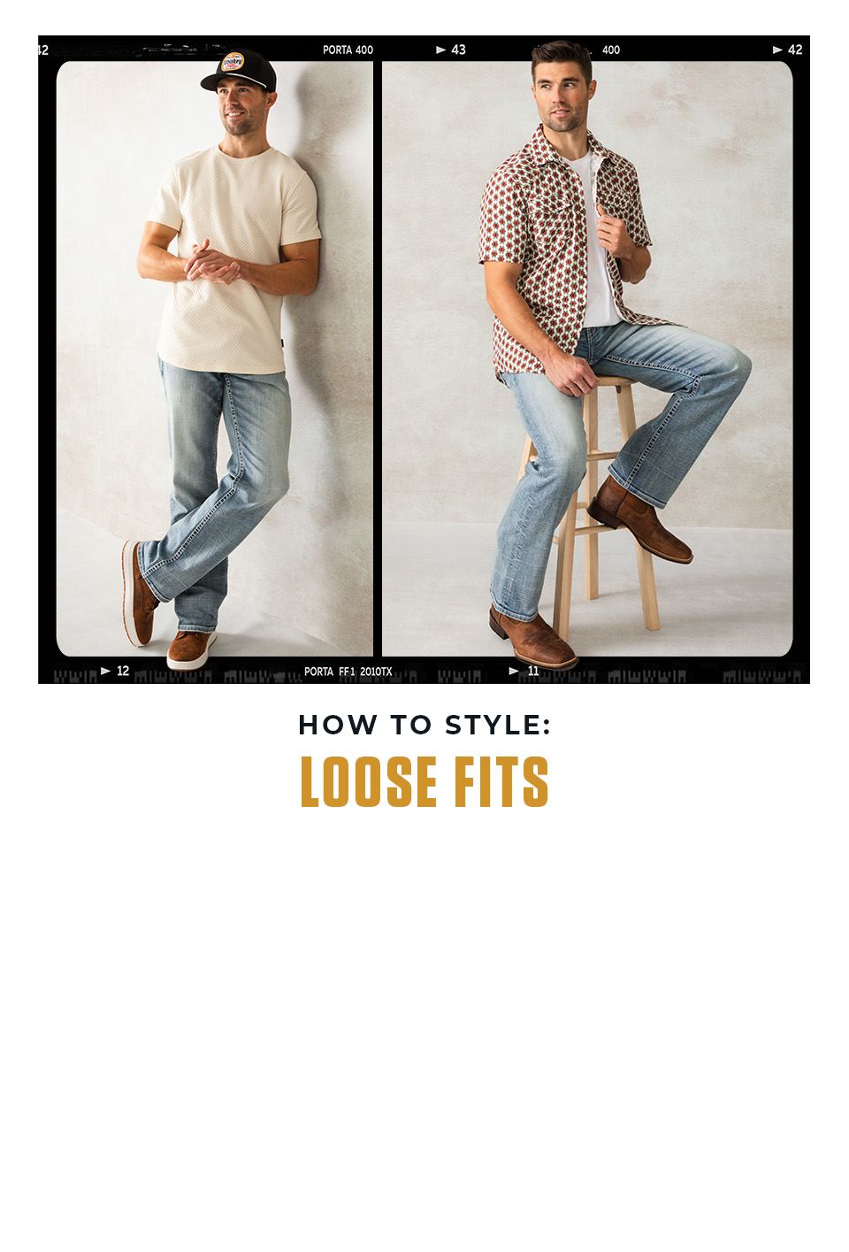 How to Style: Loose Fits - A guy wearing a pair of light wash loose fit jeans and a cream tee. 