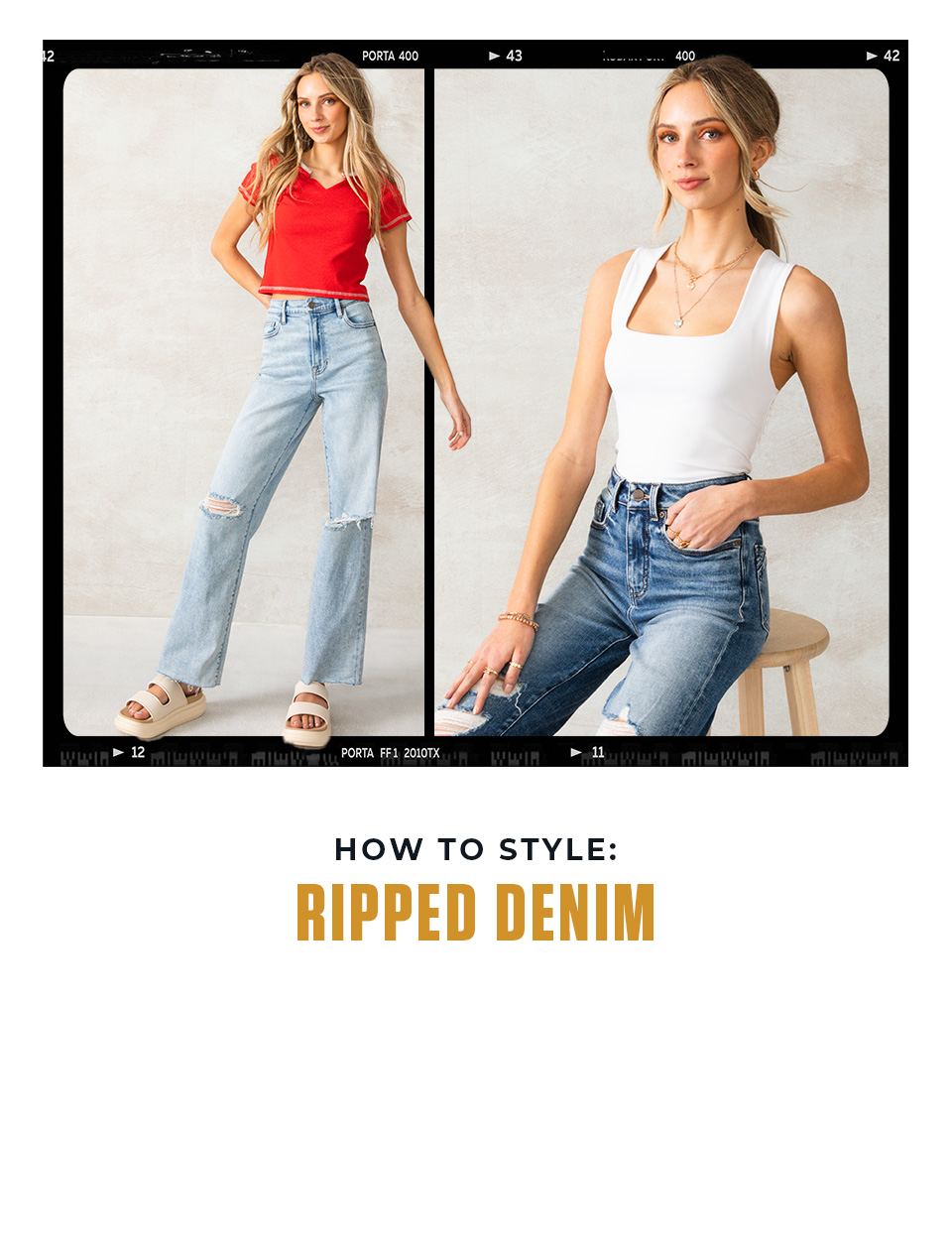 How to Style: Ripped Denim - A gal wearing a red cropped tee with a pair of light wash ripped wide-leg jeans and cream sandals